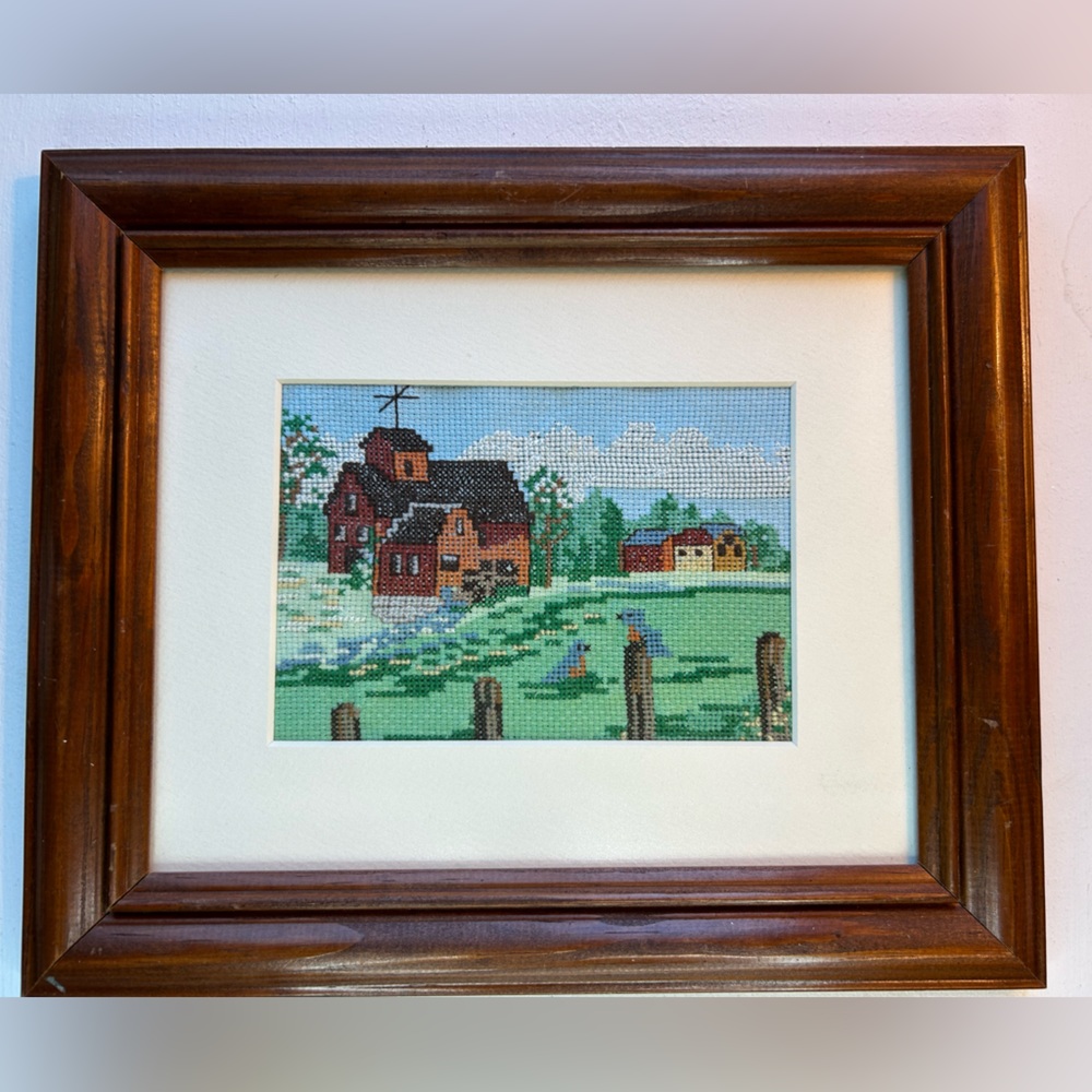 Vintage handmade cross stitch church & countryside scene brown wood frame